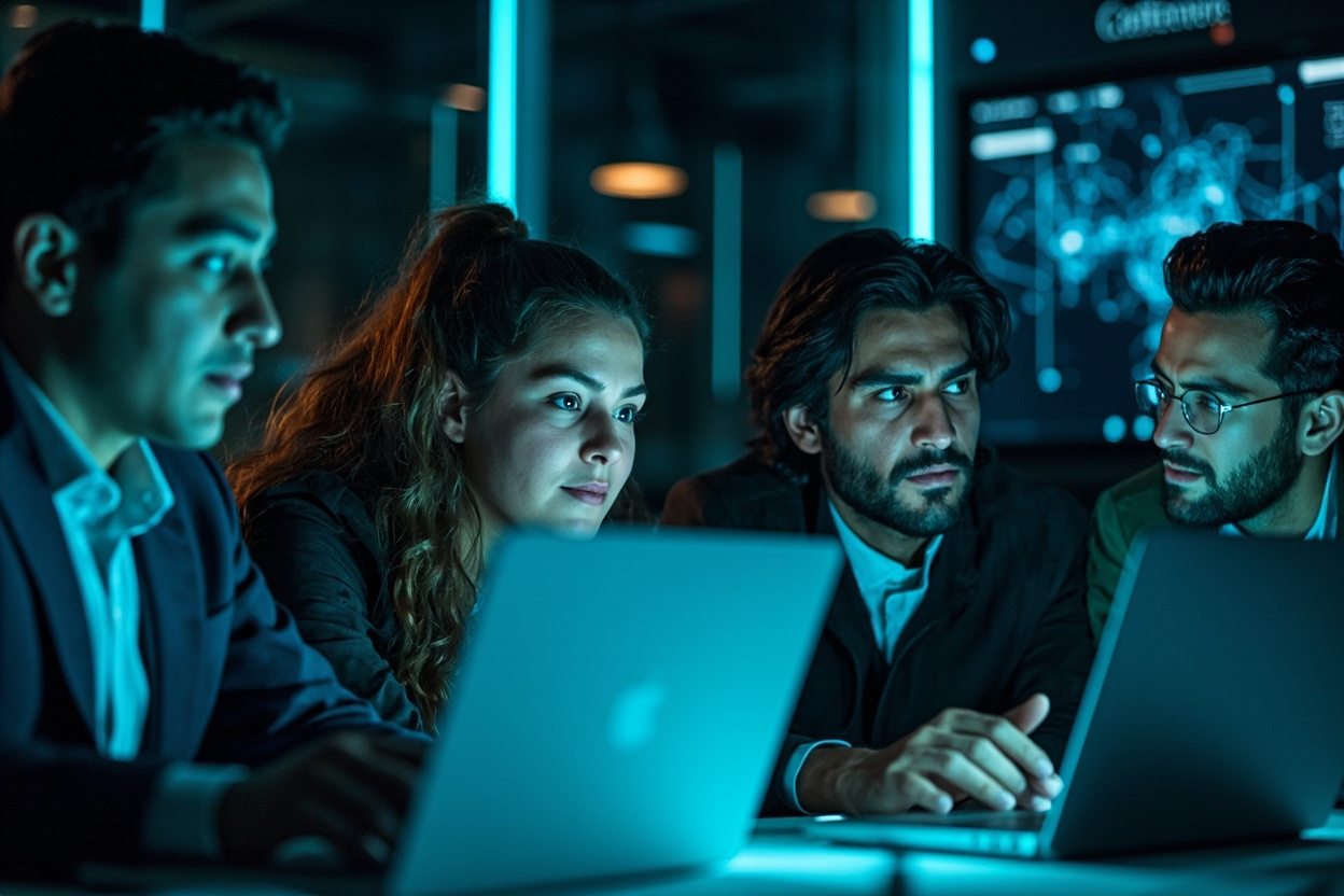 A team of four professionals collaborating around glowing screens in a dark modern office