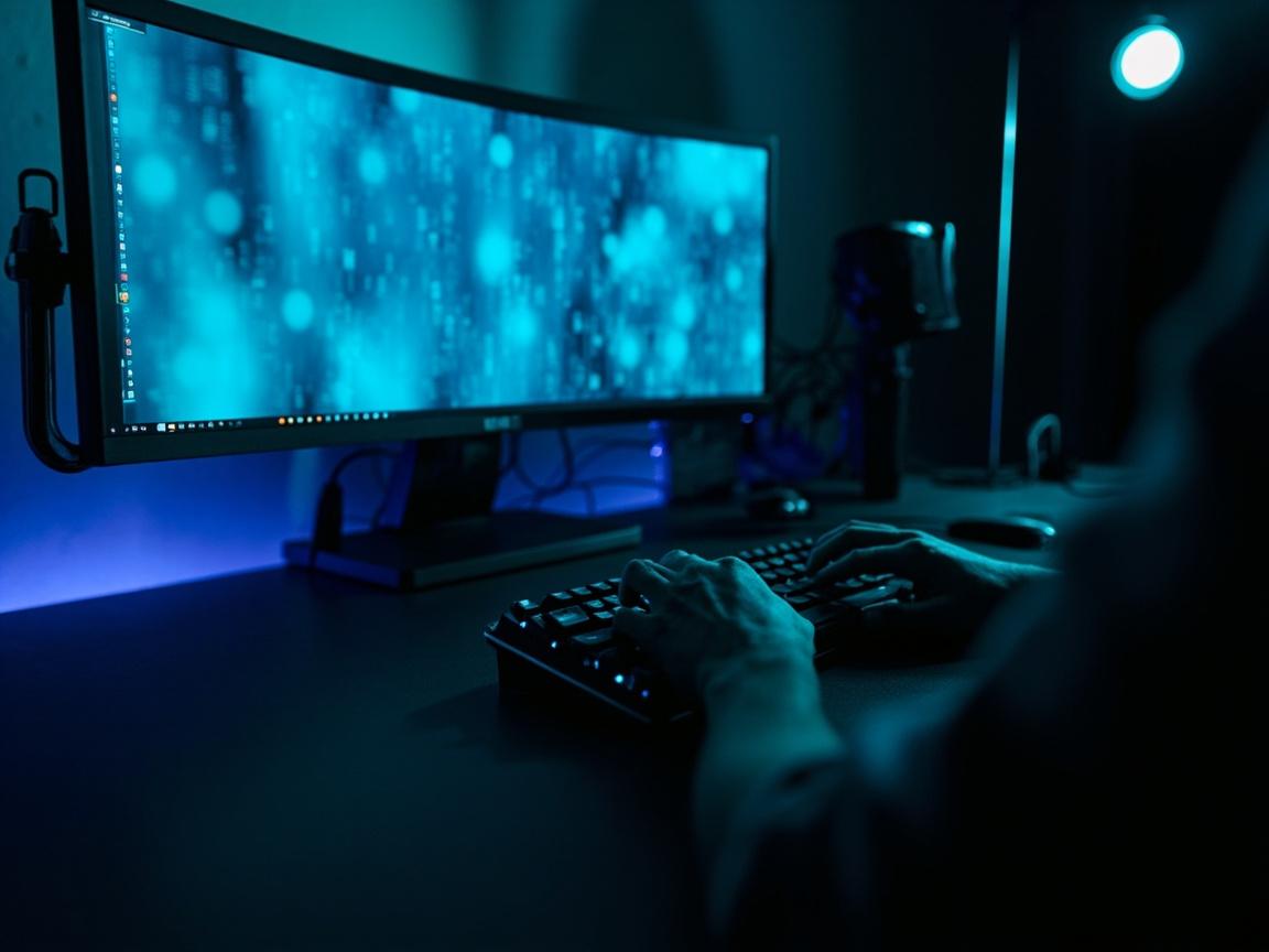 Developer at a dimly lit workstation writing smart contract code